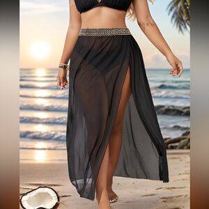 Black Mesh Gold Stitched Waistline Beach Cover-Up Skirt Plus-Sized